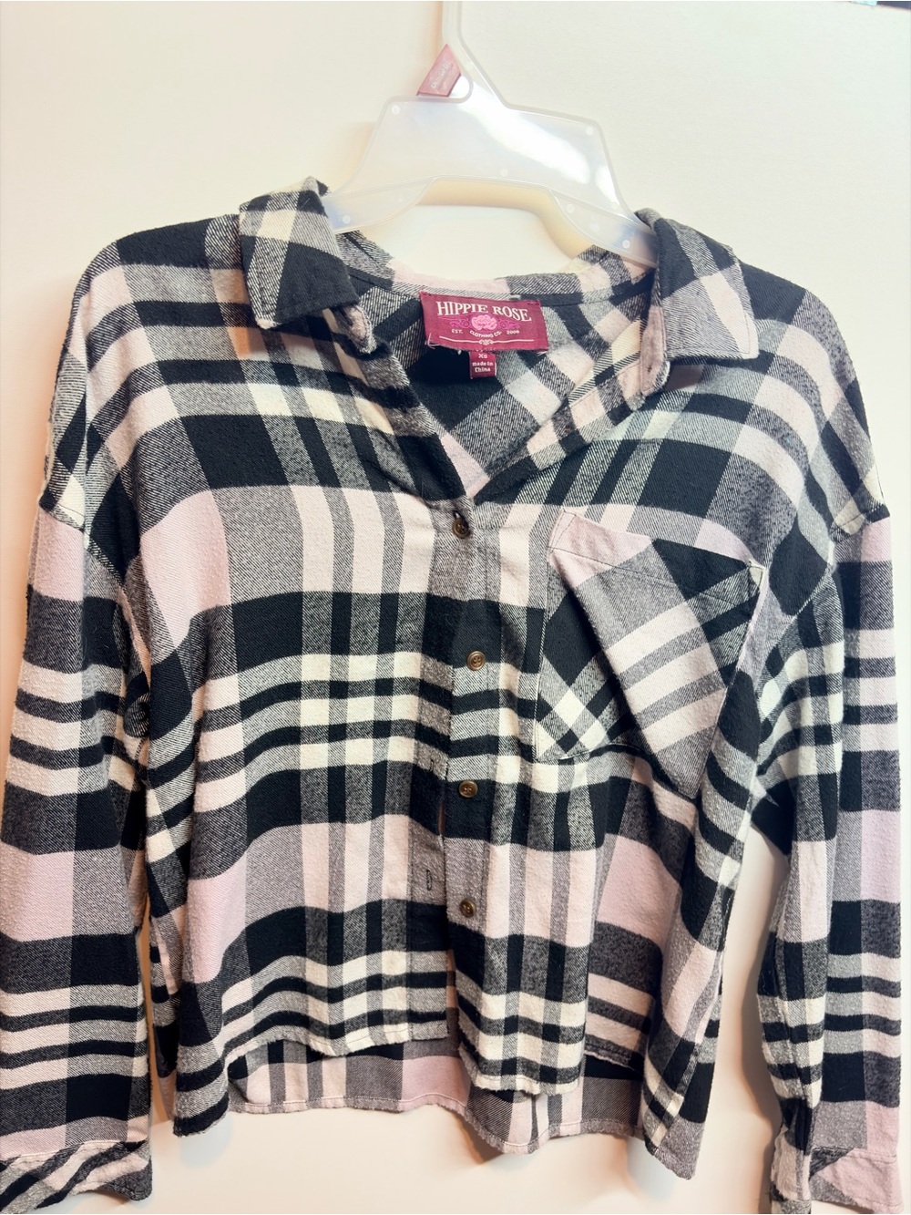 Hippie Rose Pink Black and White Plaid Button-Up Kids Pajama Top